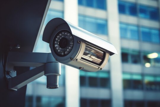 A security camera mounted on a building. Ideal for security system concepts