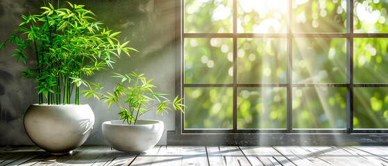 Cozy Window Nook, Serene Green Plant Decor, Sunlit Room with Natures Touch, Peaceful Home Vibe - obrazy, fototapety, plakaty