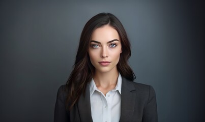  Near-up portrayal of serious, confident businesswoman looking straight,  insulated on  slate background 