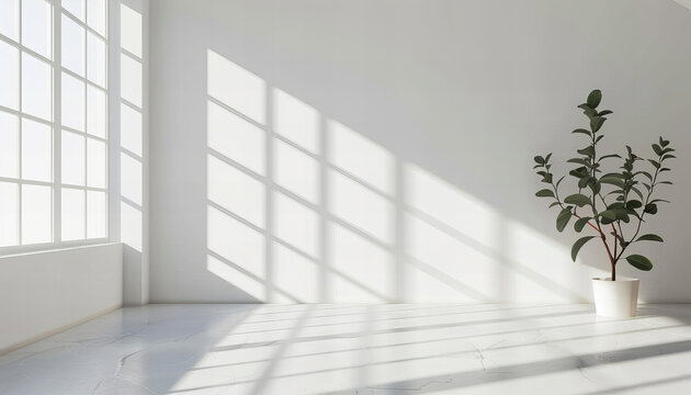 Realistic window shadow overlay on a white wall. Creative commercial background or wallpaper for a presentation or a product ad. Minimalist design concept.