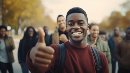 A man giving a thumbs up gesture in front of a diverse group of people. Suitable for business and success concepts - obrazy, fototapety, plakaty