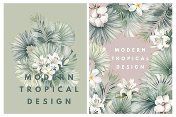 Floral vector watercolor frames and bouquets of tropical leaves and flowers for greeting or invitation cards