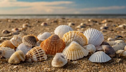Bunch of shells on the sea shore. Sandy beach. Ocean view. Summer time.