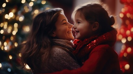 A heartwarming moment captured in front of a festive tree. Perfect for holiday cards or family-themed designs