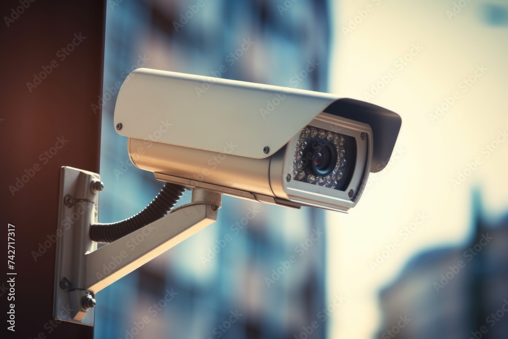 Aufkleber a close up of a camera mounted on a pole. suitable for technology and surveillance concepts