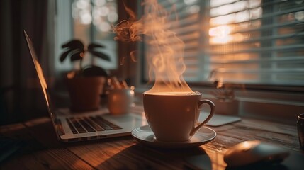 A cup of coffee and a laptop on the table. Morning coffee break. smoking coffee, sunlight - obrazy, fototapety, plakaty