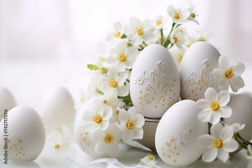 Poster white eggs arranged on a table, versatile for various projects