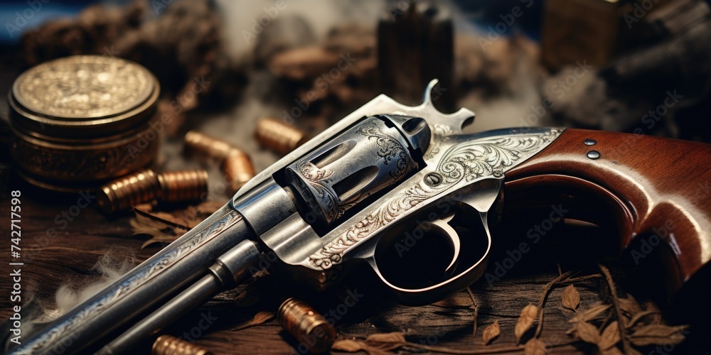 Poster A gun placed on a table with various items around it. Suitable for crime and investigation themes
