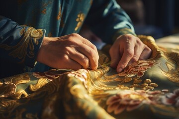 Close up of a person working on a piece of cloth, suitable for textile industry projects - obrazy, fototapety, plakaty