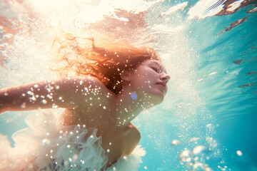 woman swimming with elegance and grace, sunlight reflections on the water as she swims