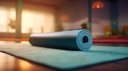 A neatly rolled up yoga mat on a wooden floor. Perfect for fitness and wellness concepts - obrazy, fototapety, plakaty