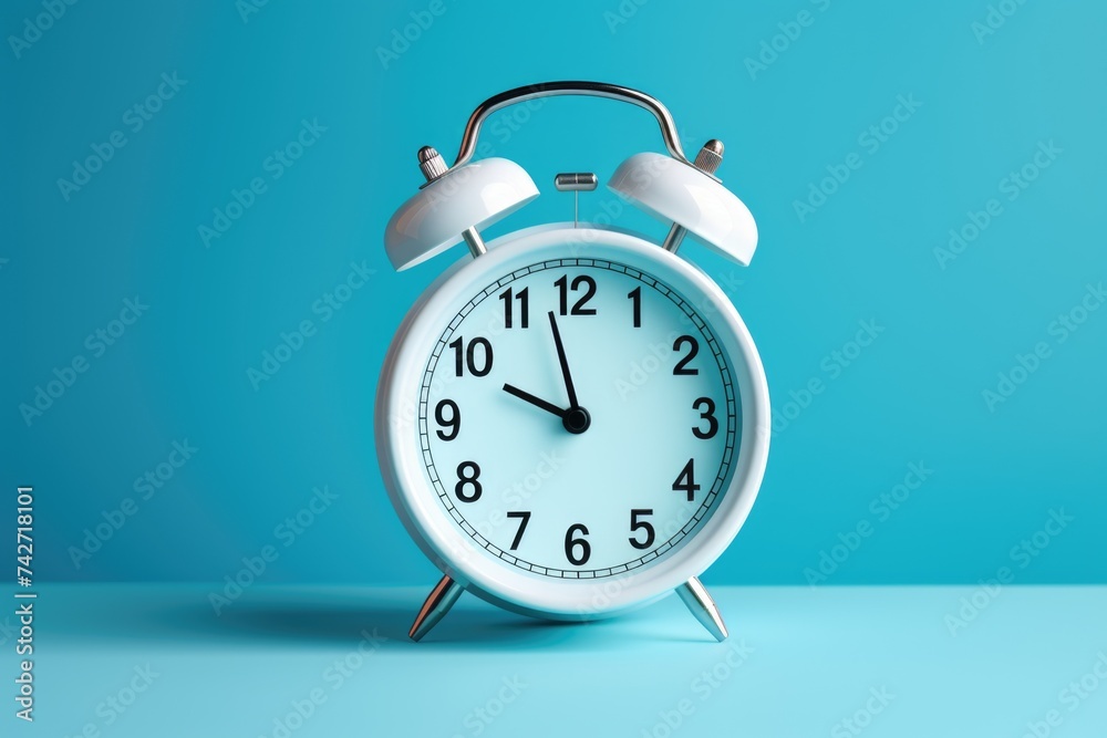 Poster simple white alarm clock on blue background, suitable for time management concepts