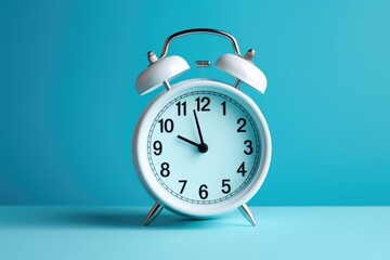 Simple white alarm clock on blue background, suitable for time management concepts