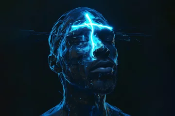 Fotobehang Religious male fanatic converting to the Christian religion while receiving enlightenment in the form of a cross of lightening electricity through his blue head, stock illustration image  © Tony Baggett