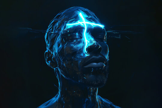 Religious male fanatic converting to the Christian religion while receiving enlightenment in the form of a cross of lightening electricity through his blue head, stock illustration image 