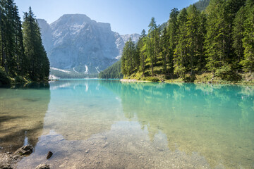 Turquoise lake Braies in the heart of the Dolomites, Italy