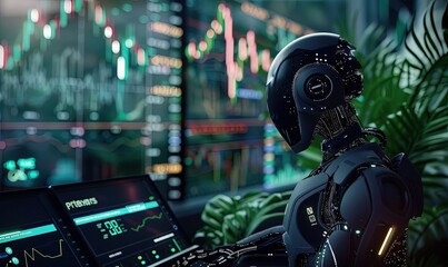 illustration Future financial technology controll by AI robot huminoid uses machine learning and artificial intelligence to analyze business data and give advice on investment and trading