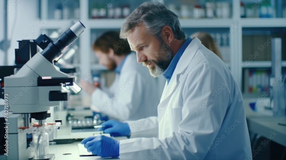 Poster A man in a lab coat working on a microscope. Ideal for scientific and research concepts