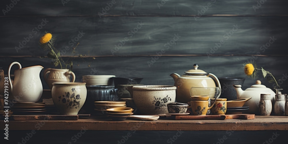 Poster a collection of various pottery displayed on a wooden table. ideal for home decor or artisanal conce