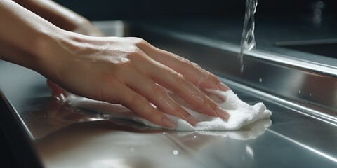 Person washing hands with cloth, suitable for hygiene concept