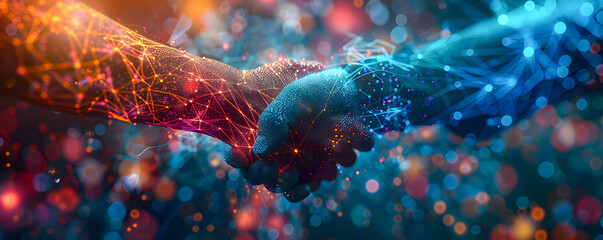 Two hands engaging in a digital handshake amidst a network of glowing connections, symbolizing online agreements and cyber partnerships.