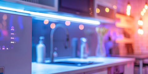 Modern Kitchen with Colored Led Lights,3D rendering of a modern kitchen interior design. neon Night lighting