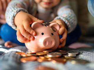Child in a blue outfit sitting while inserting coins into a pink piggy bank.