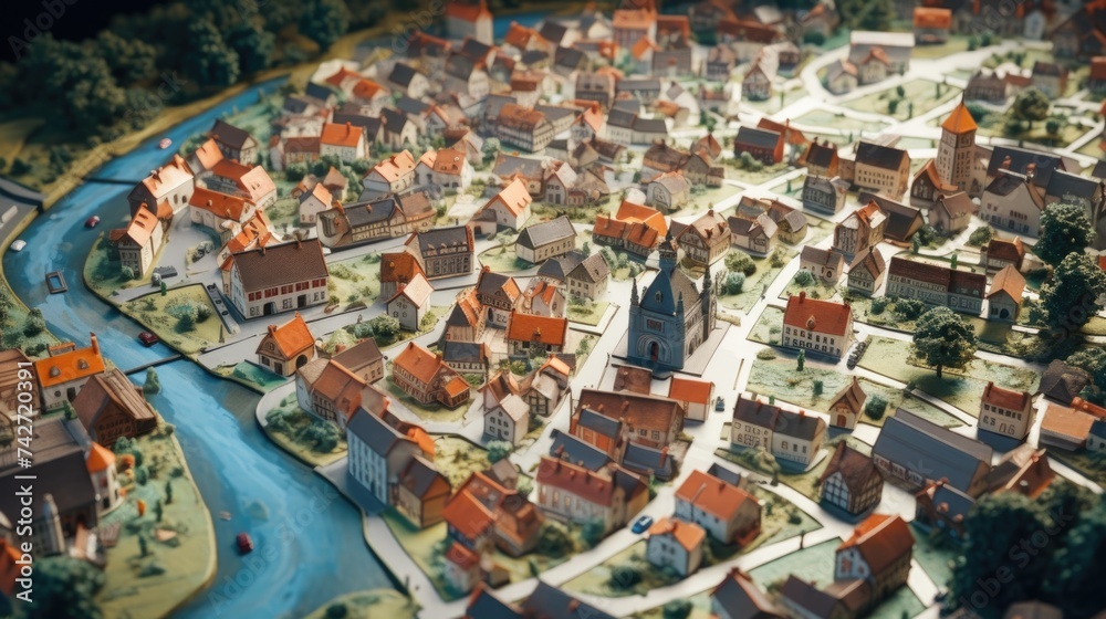Poster A model of a town with a river running through it. Ideal for architectural and urban planning projects