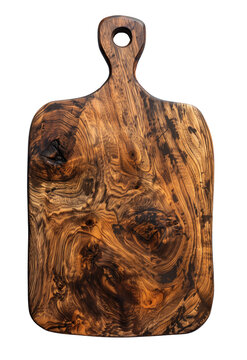 A polished wooden cutting board with intricate grain patterns, isolated on a transparent background.