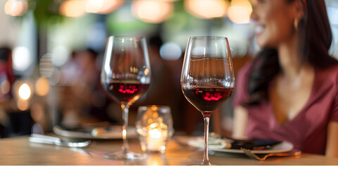 Close up shot of man and woman toasting and drinking red wine from glasses on dinner