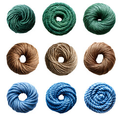 set of knitting yarn balls PNG. Green wool yarn ball. Blue cotton yarn ball for clothes and textiles. Blue yarn ball full of strings