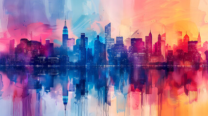 Abstract skyline reflection, where vibrant brushstrokes meet urban contours, crafting a surreal cityscape dreamscape.