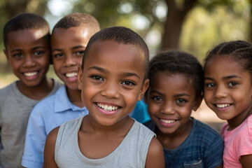Group of African American children smiling in an outdoor background, playful childhood
