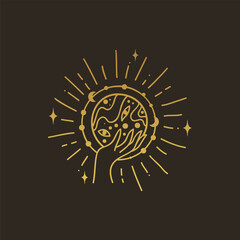 Crystal ball vector illustration, hand drawn celestial boho line art logo, icons and symbol mystic ocult tattoo elements for decoration.