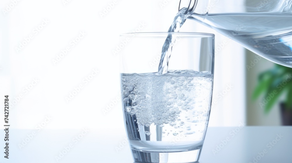 Poster water being poured from a pitcher into a glass. suitable for beverage and hydration concepts