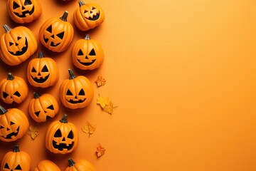 A group of jack o lantern pumpkins on an orange background. Ideal for Halloween decorations