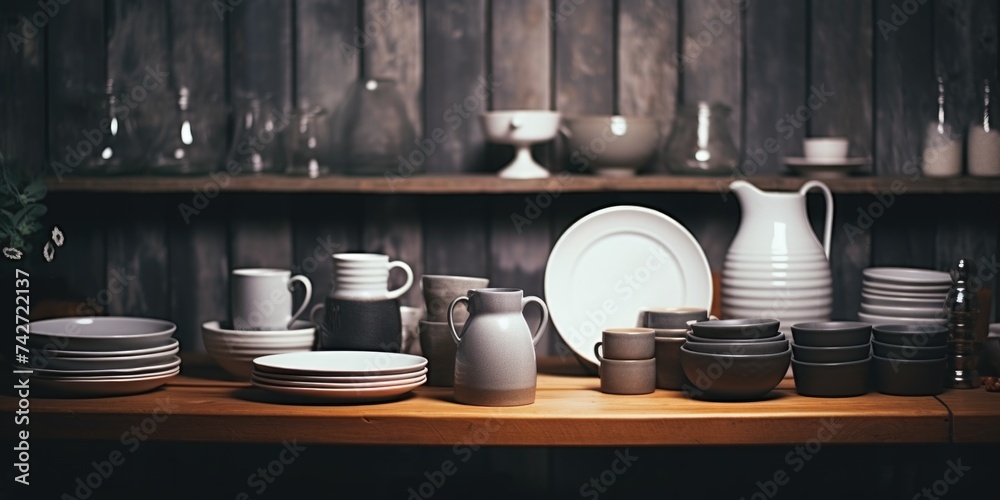 Poster a variety of plates and cups arranged neatly on a table. ideal for restaurant menus or event plannin