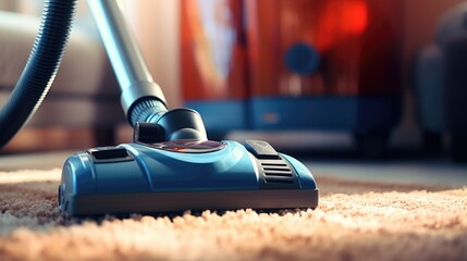 A vacuum cleaner cleaning a carpet in a living room. Suitable for household cleaning concept - obrazy, fototapety, plakaty