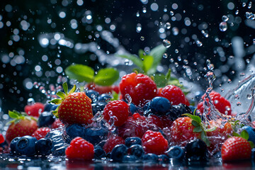 Various berries in splash of clean water.  Food advertising background. Generative AI. Fresh juicy blackberries, strawberries, raspberries and blueberries