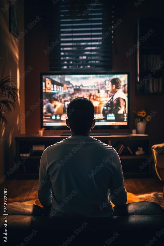 Poster a man sitting in front of a tv watching a movie. suitable for entertainment concepts