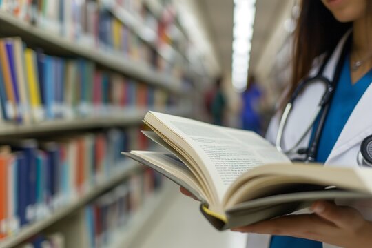 medical student studying in the library concept, woman healthcare with stethoscope reading, studying