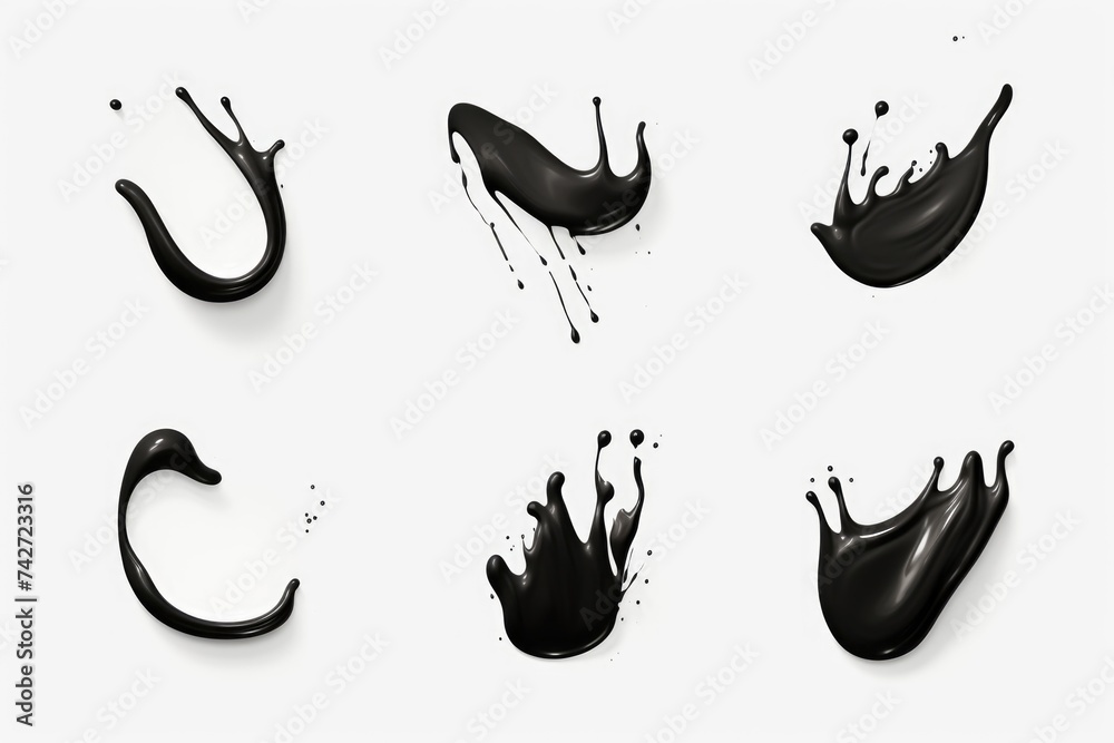 Poster black liquid splashes on white surface, suitable for various design projects