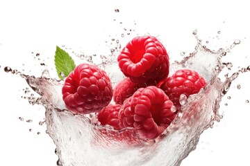 Fresh raspberries falling into a glass of water. Great for food and beverage concepts