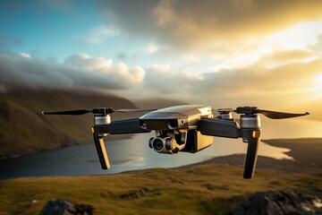 A drone flying in the sky over a body of water. Suitable for technology and nature concepts - Powered by Adobe