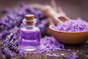 Fototapeta na wymiar Natural oil bottle and lavender flowers on table, closeup. Cosmetic product