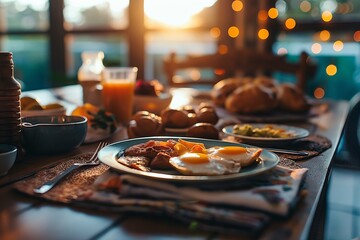 classic english breakfast on a well lit table with morning light, appetizing food.