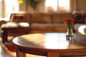 Highlight the round wooden table, behind which there is a sofa chair that looks blurry. for product display presentation