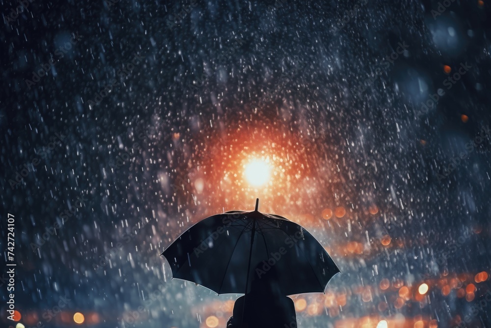 Poster a person holding an umbrella in the rain. suitable for weather-related concepts