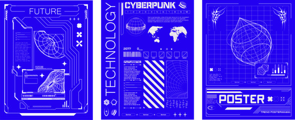 Futuristic Cyberpunk Blueprint Posters with Global Technology Themes. Set of three blue cyberpunk blueprint posters in y2k techno style.