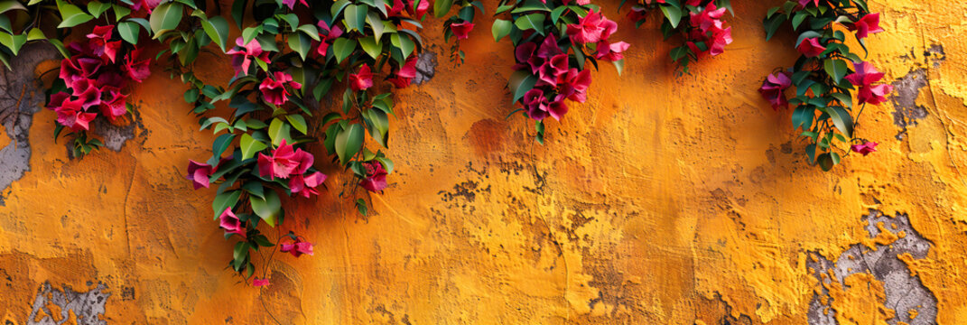 Colorful flower wall on an old textured background, blending natures beauty with rustic charm in a garden